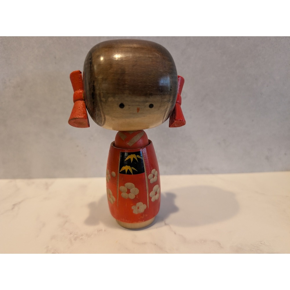 Vintage Japanese Kokeshi Doll Red Kimono Hand Painted Wood Figurine Pigtails